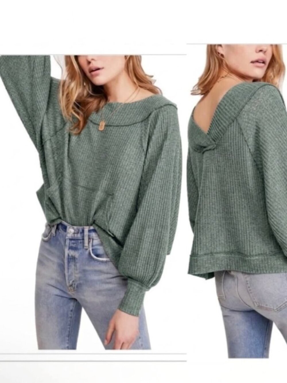We The Free People Westend Waffle Top S Green Oversized Slouchy Dolman Sleeve
